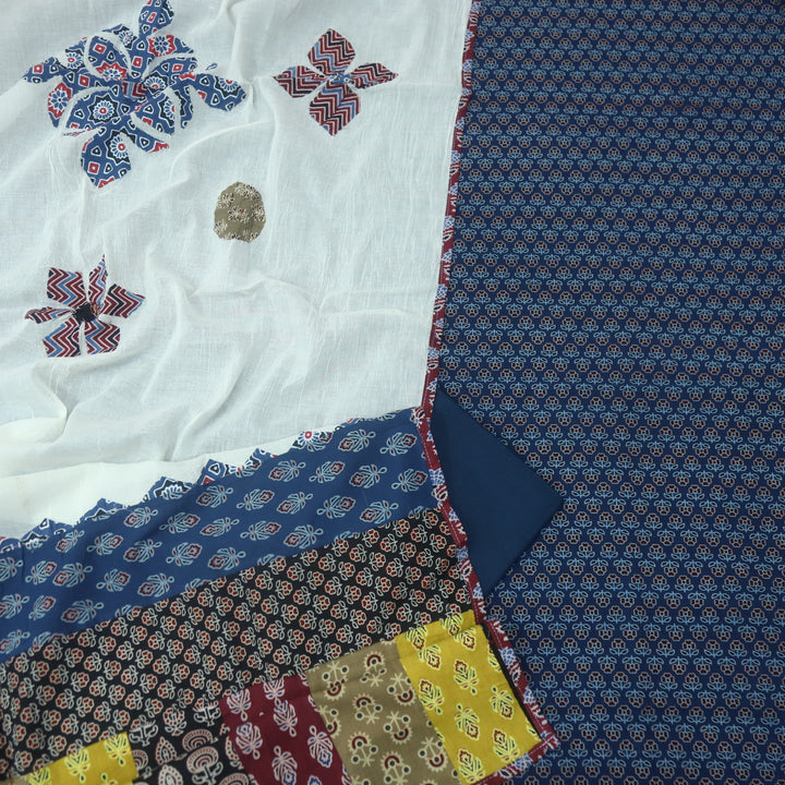 Kakaswi Denim Blue Floral Printed Cotton Top with Applique Work Dupatta