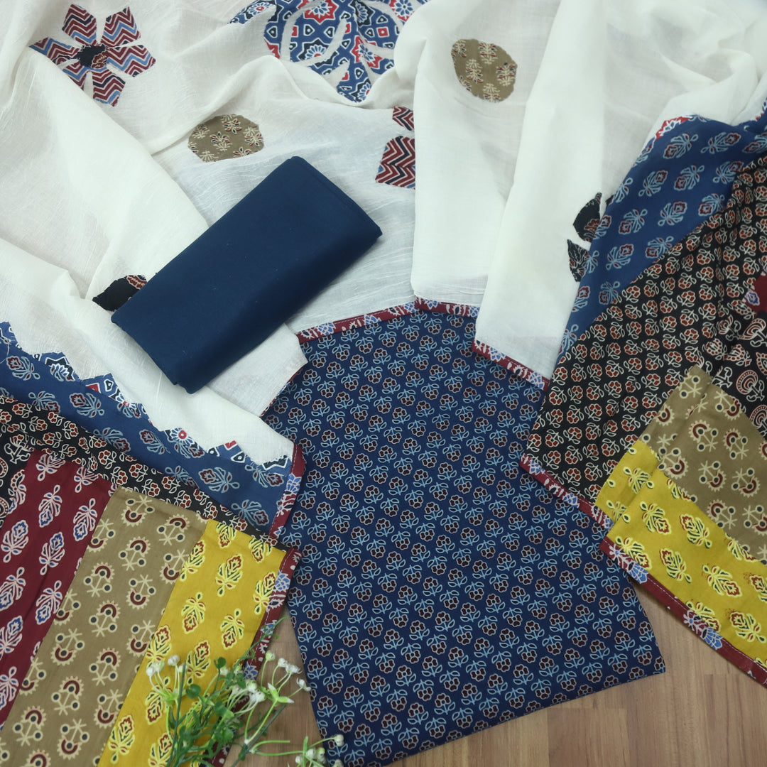 Kakaswi Denim Blue Floral Printed Cotton Top with Applique Work Dupatta