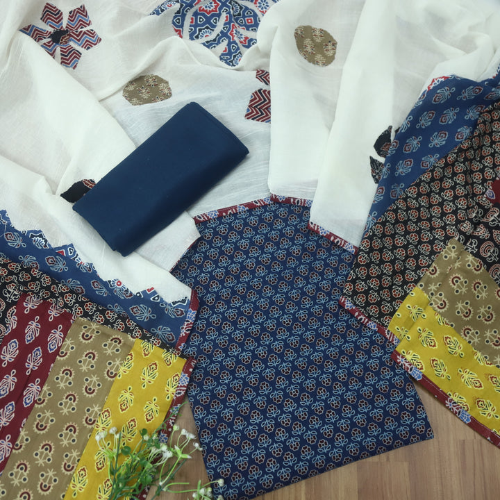 Kakaswi Denim Blue Floral Printed Cotton Top with Applique Work Dupatta