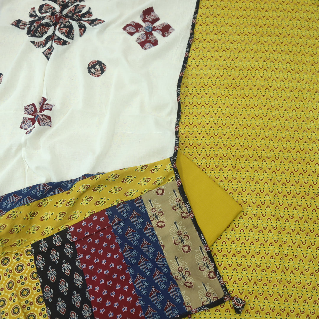 Kakaswi Canary Yellow Floral Printed Cotton Top with Applique Work Dupatta