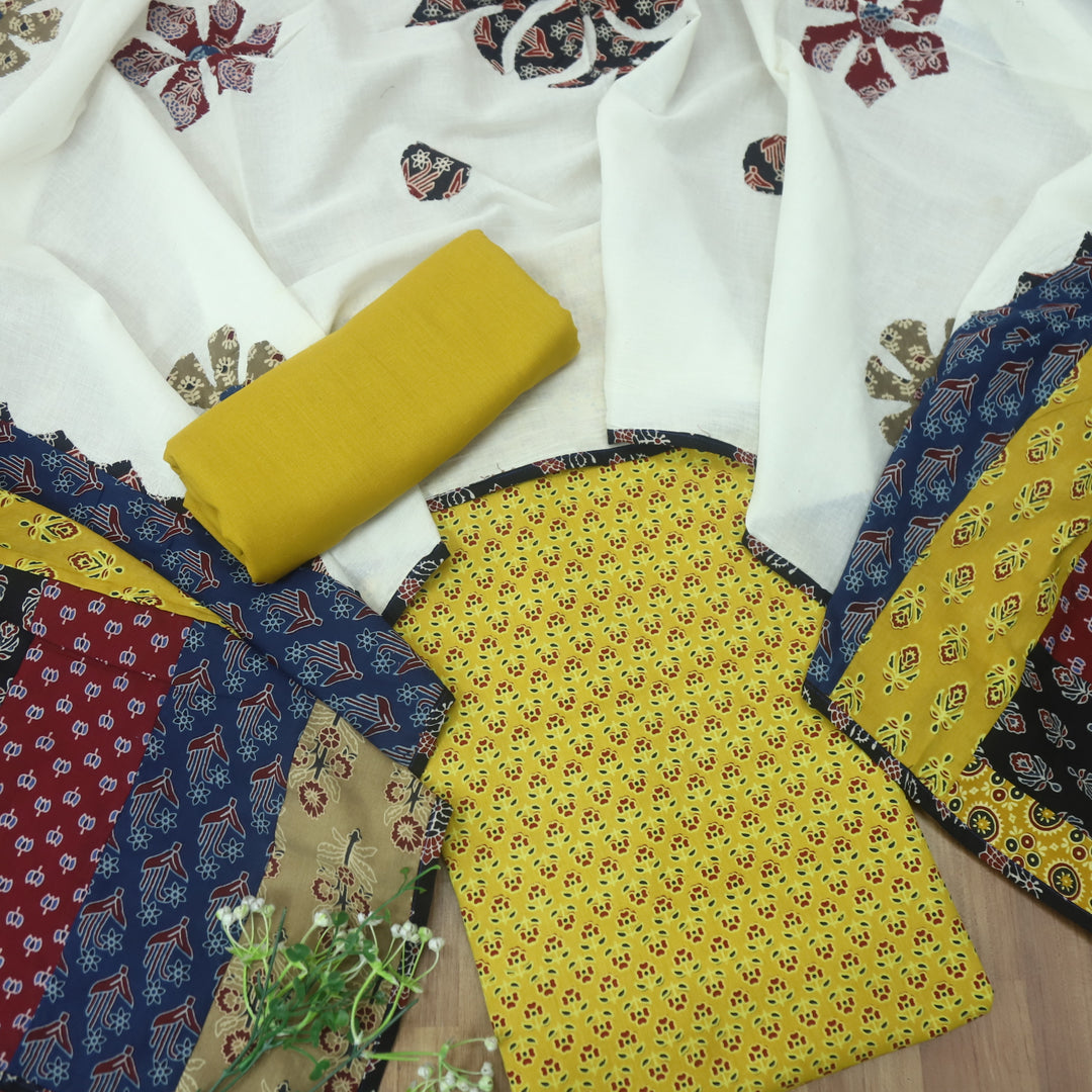 Kakaswi Canary Yellow Floral Printed Cotton Top with Applique Work Dupatta