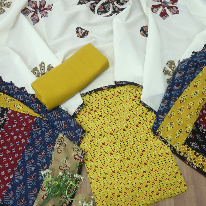 Kakaswi Canary Yellow Floral Printed Cotton Top with Applique Work Dupatta