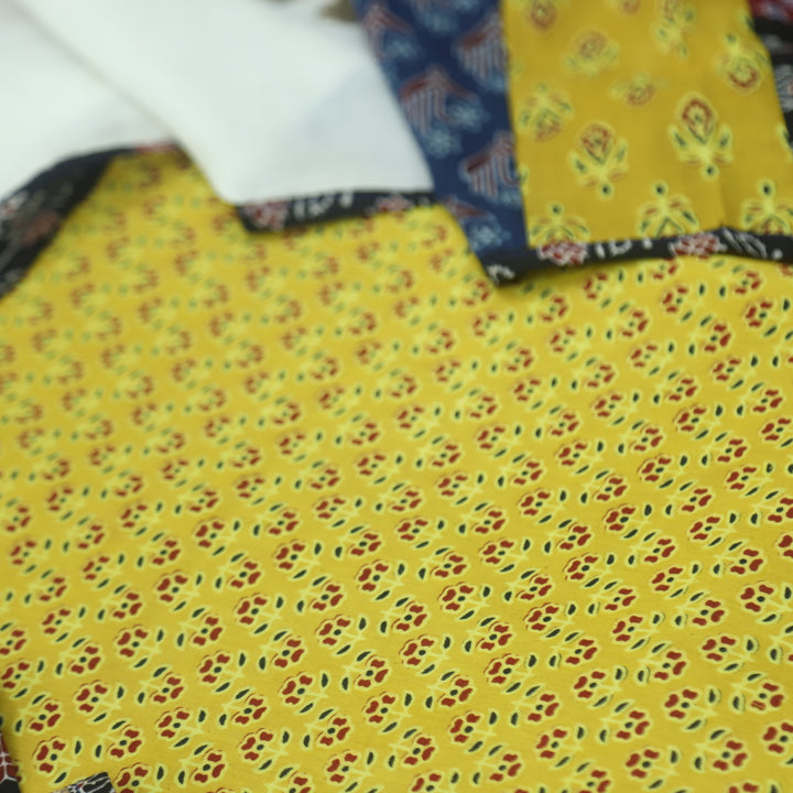 Kakaswi Canary Yellow Floral Printed Cotton Top with Applique Work Dupatta