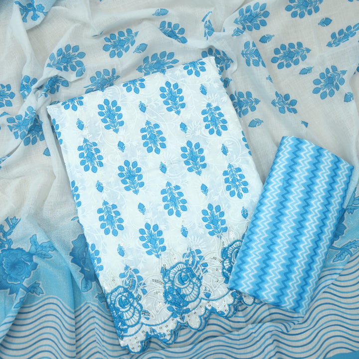 Farheen White with Blue Floral Printed with Embroidered Hem Cotton Suit Set