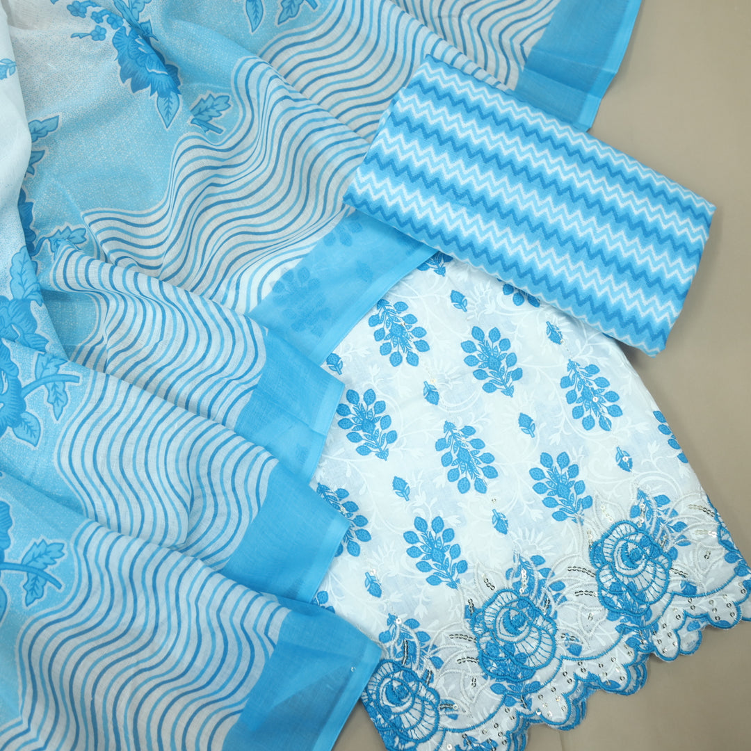 Farheen White with Blue Floral Printed with Embroidered Hem Cotton Suit Set