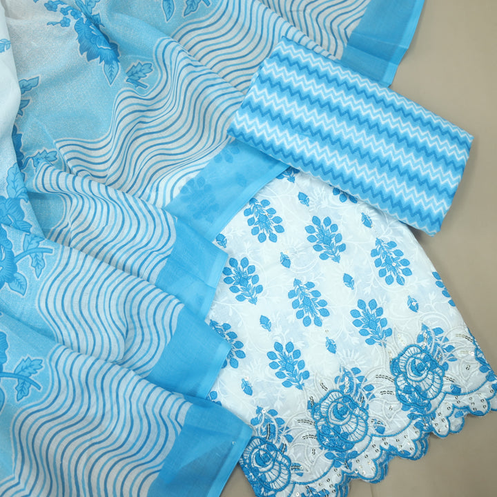 Farheen White with Blue Floral Printed with Embroidered Hem Cotton Suit Set