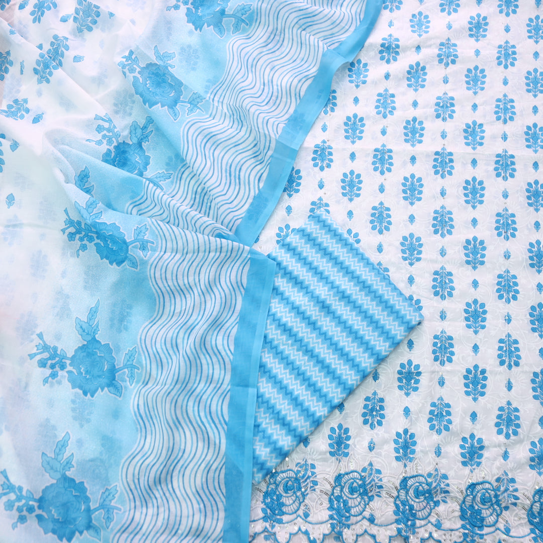 Farheen White with Blue Floral Printed with Embroidered Hem Cotton Suit Set