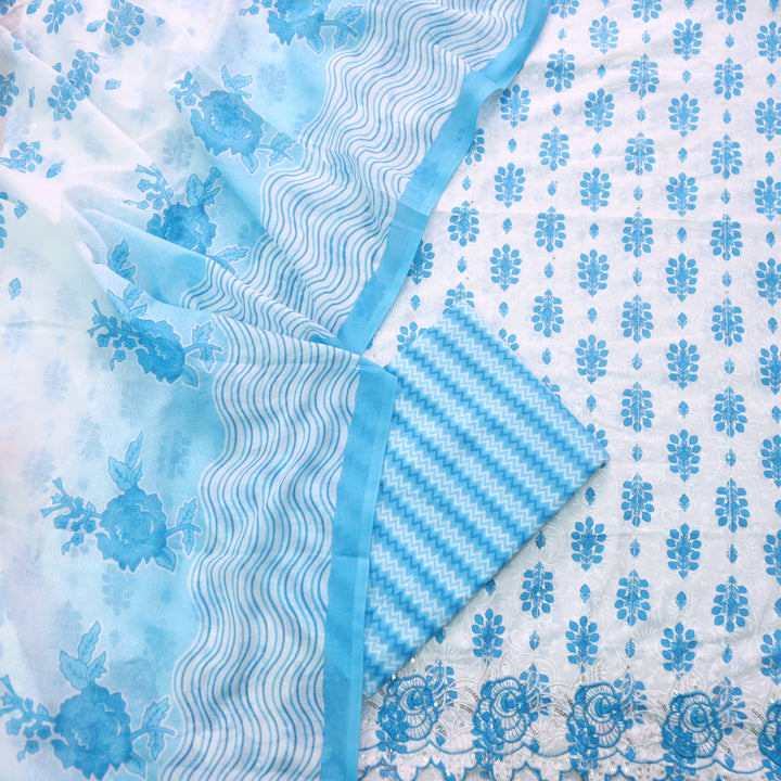 Farheen White with Blue Floral Printed with Embroidered Hem Cotton Suit Set