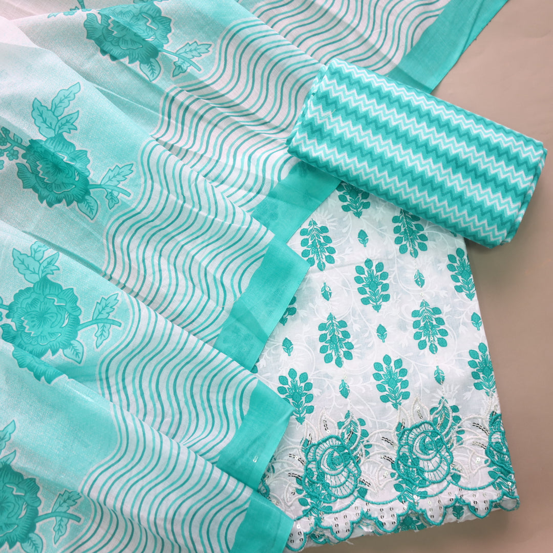 Farheen White with Teal Green Floral Printed with Embroidered Hem Cotton Suit Set