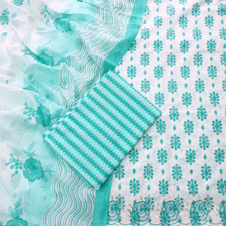Farheen White with Teal Green Floral Printed with Embroidered Hem Cotton Suit Set