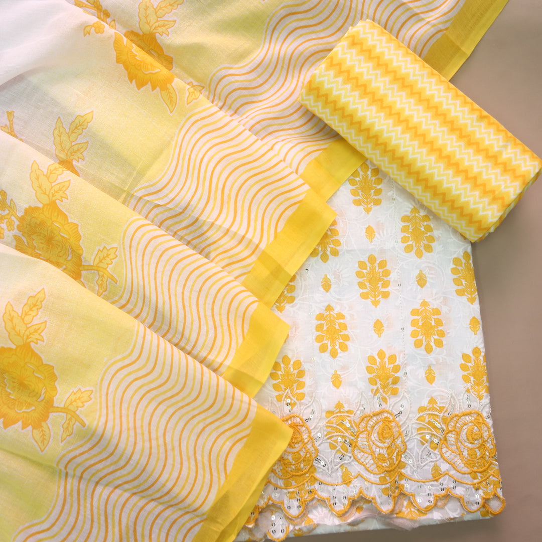 Farheen White with Yellow Floral Printed with Embroidered Hem Cotton Suit Set