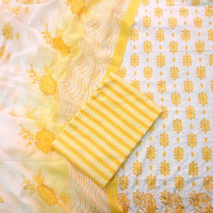 Farheen White with Yellow Floral Printed with Embroidered Hem Cotton Suit Set