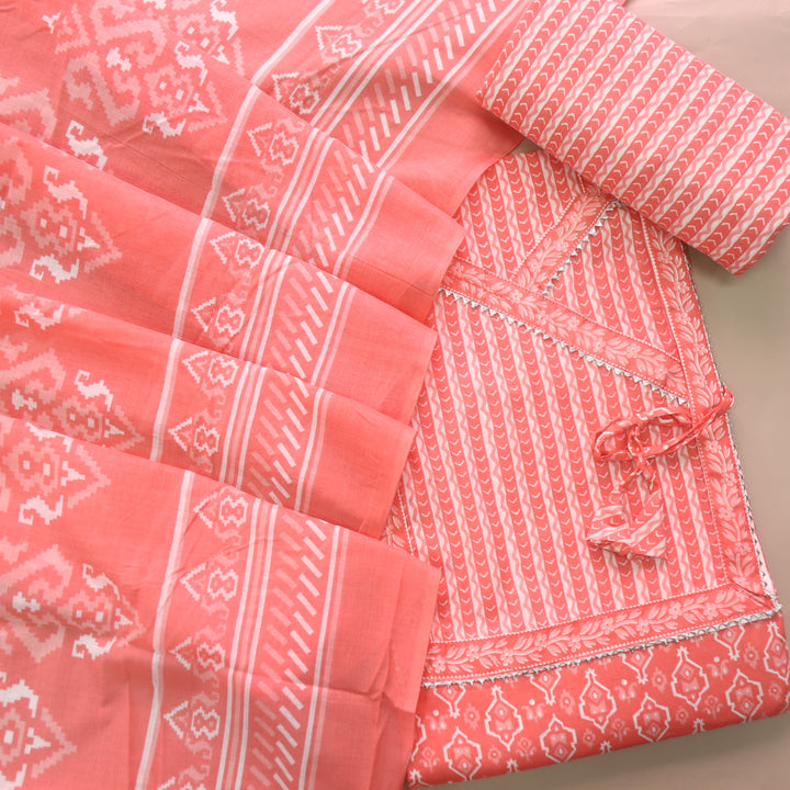Farheen Coral Orange Digital Printed In Angrakha Style Neck Cotton Suit Set
