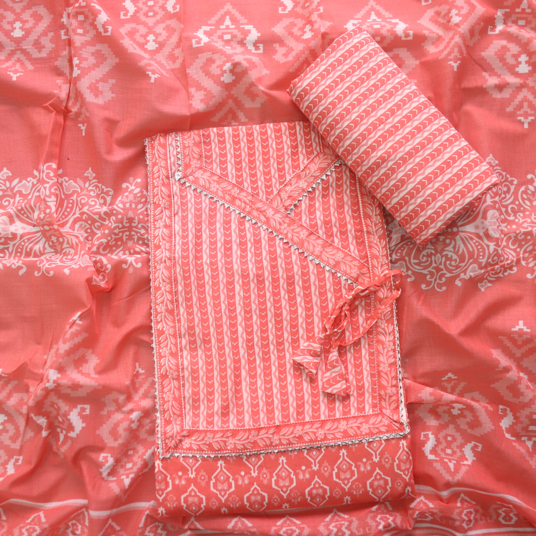 Farheen Coral Orange Digital Printed In Angrakha Style Neck Cotton Suit Set