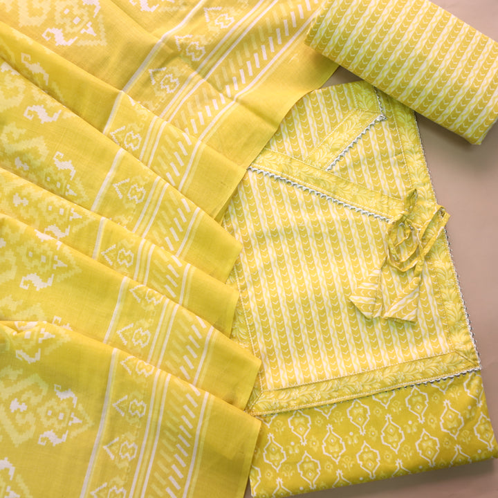Farheen Corn Yellow Digital Printed in Angrakha Style Neck Cotton Suit Set