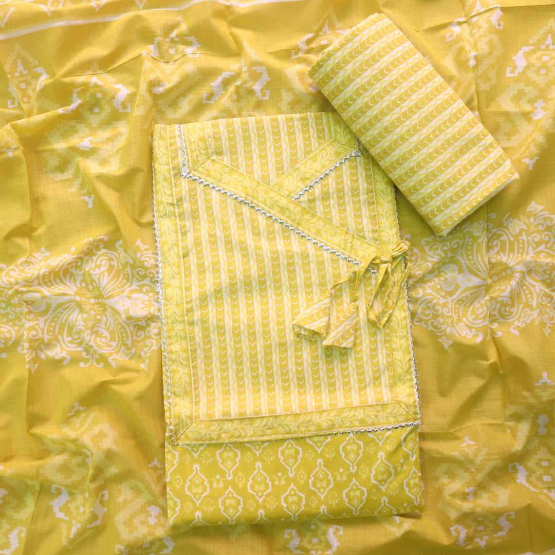 Farheen Corn Yellow Digital Printed in Angrakha Style Neck Cotton Suit Set