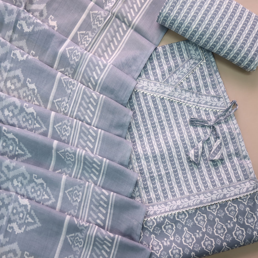 Farheen Fossil Grey Digital Printed iN Angrakha Style Neck Cotton Suit Set