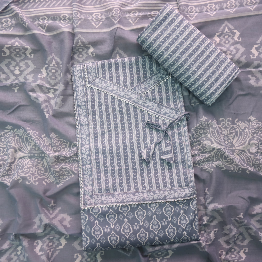 Farheen Fossil Grey Digital Printed iN Angrakha Style Neck Cotton Suit Set