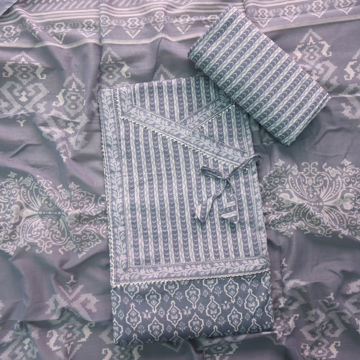 Farheen Fossil Grey Digital Printed iN Angrakha Style Neck Cotton Suit Set