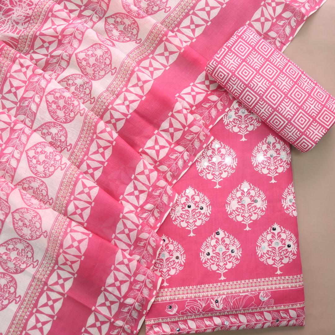 Farheen Flamingo Pink Floral Printed with Mirror Work Cotton Suit Set