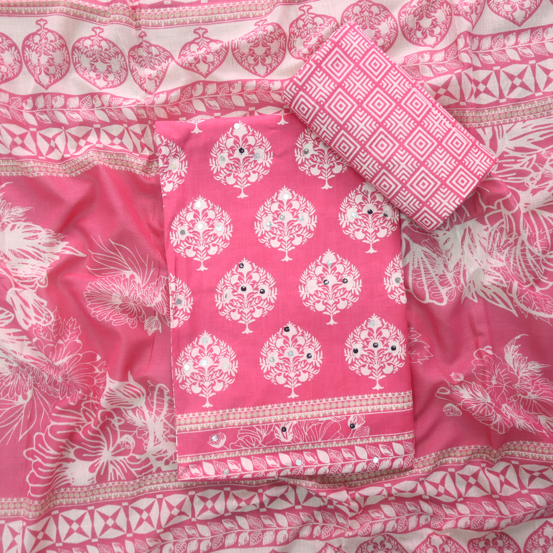 Farheen Flamingo Pink Floral Printed with Mirror Work Cotton Suit Set