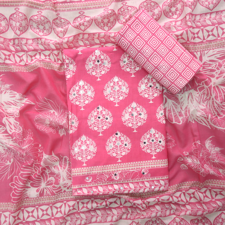 Farheen Flamingo Pink Floral Printed with Mirror Work Cotton Suit Set