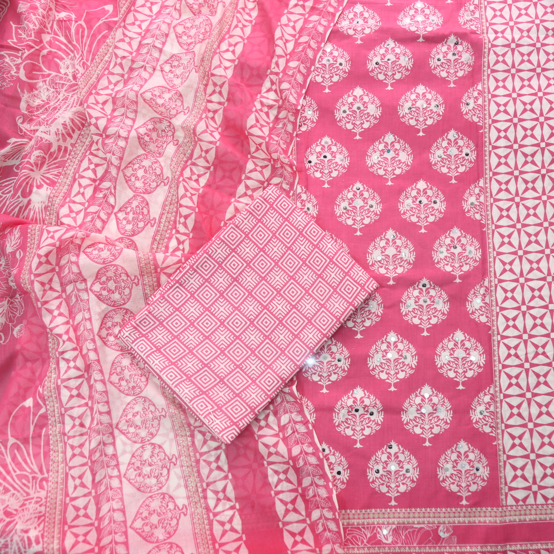 Farheen Flamingo Pink Floral Printed with Mirror Work Cotton Suit Set