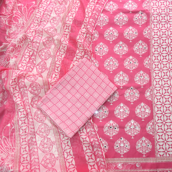Farheen Flamingo Pink Floral Printed with Mirror Work Cotton Suit Set
