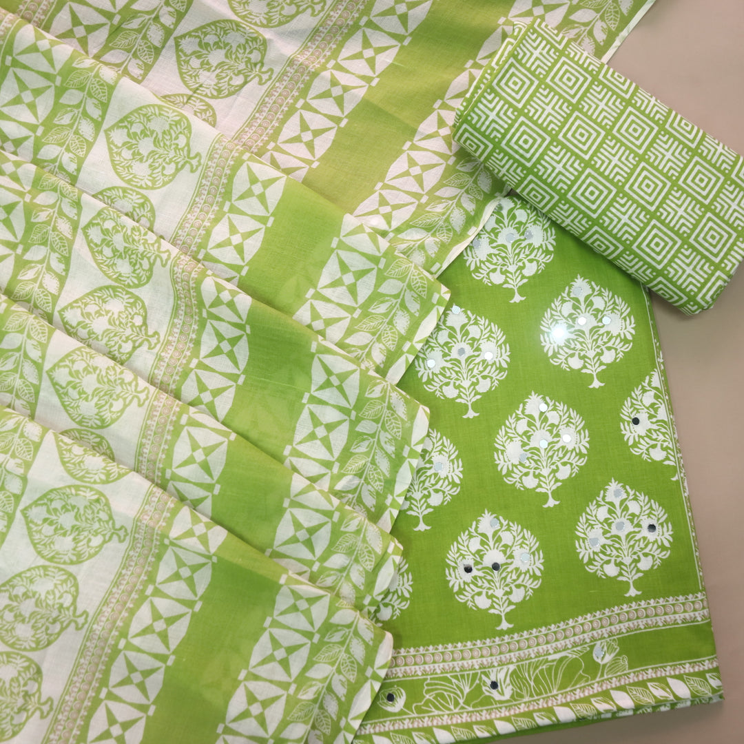 Farheen Garden Green Floral Printed with Mirror Work Cotton Suit Set