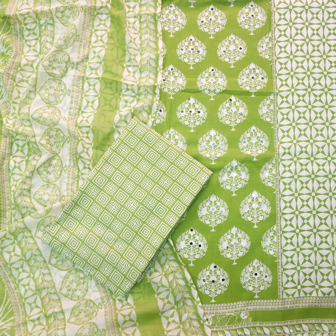 Farheen Garden Green Floral Printed with Mirror Work Cotton Suit Set