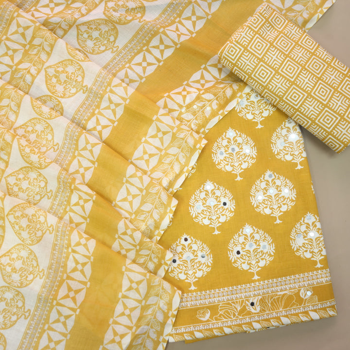 Farheen Custard Yellow Floral Printed with Mirror Work Cotton Suit Set
