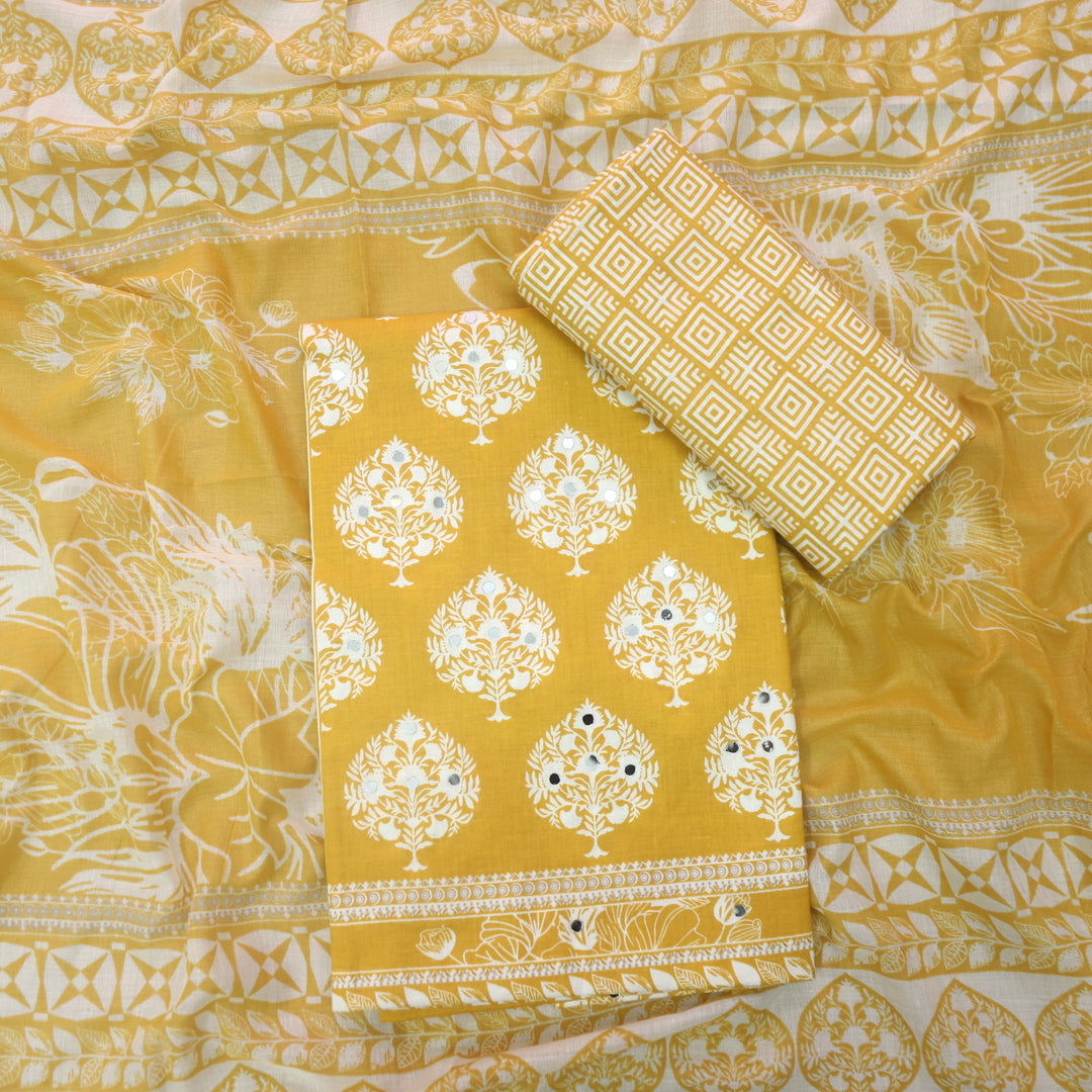Farheen Custard Yellow Floral Printed with Mirror Work Cotton Suit Set