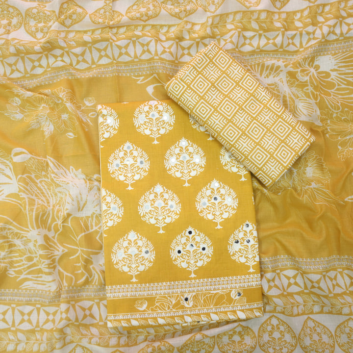 Farheen Custard Yellow Floral Printed with Mirror Work Cotton Suit Set