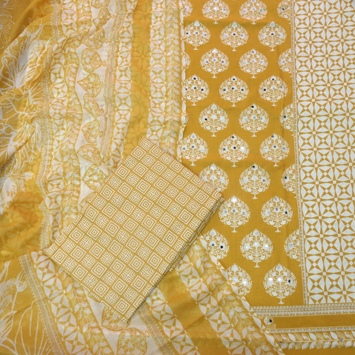 Farheen Custard Yellow Floral Printed with Mirror Work Cotton Suit Set