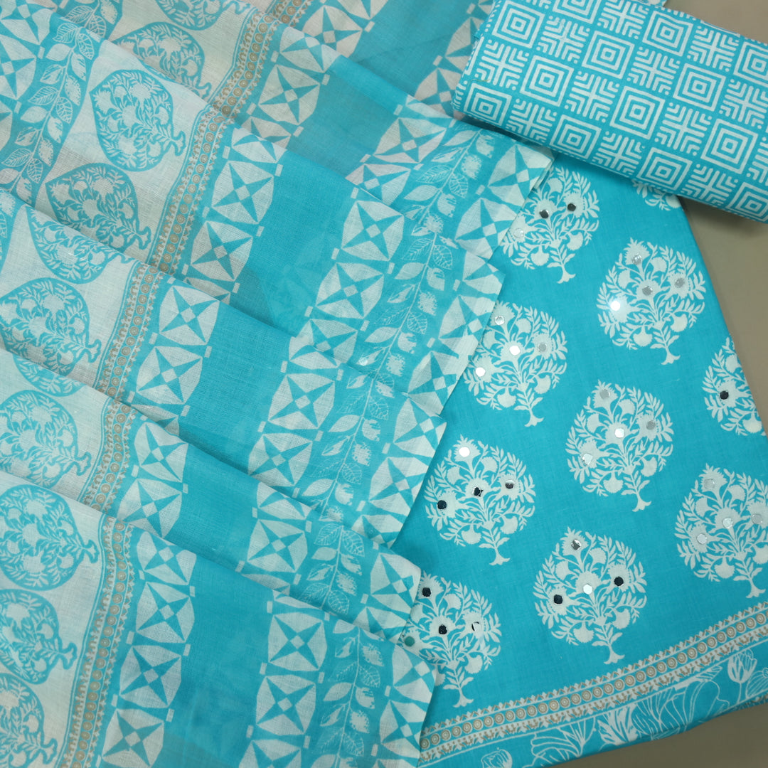 Farheen Light Sky Blue Floral Printed with Mirror Work Cotton Suit Set