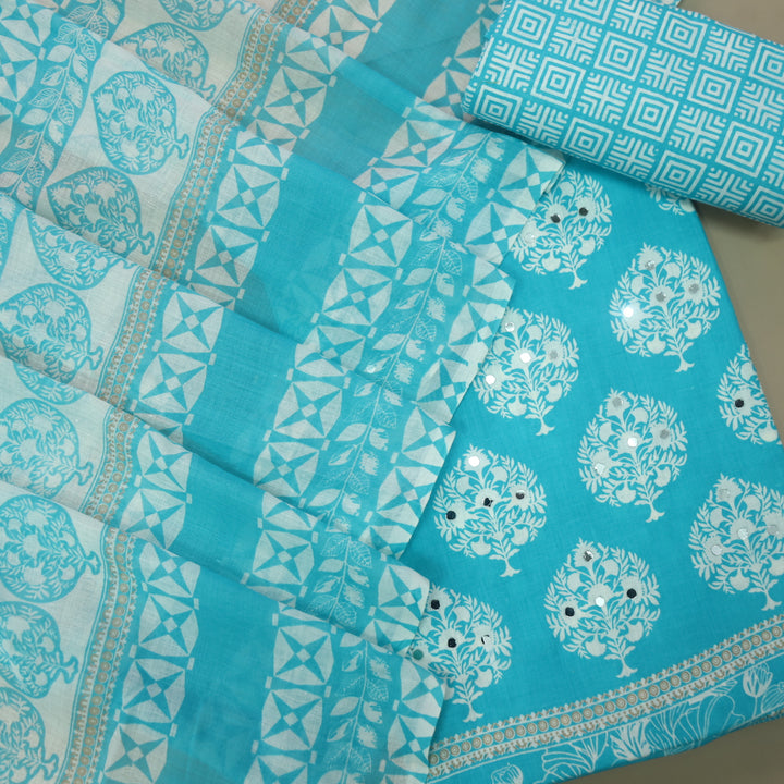 Farheen Light Sky Blue Floral Printed with Mirror Work Cotton Suit Set
