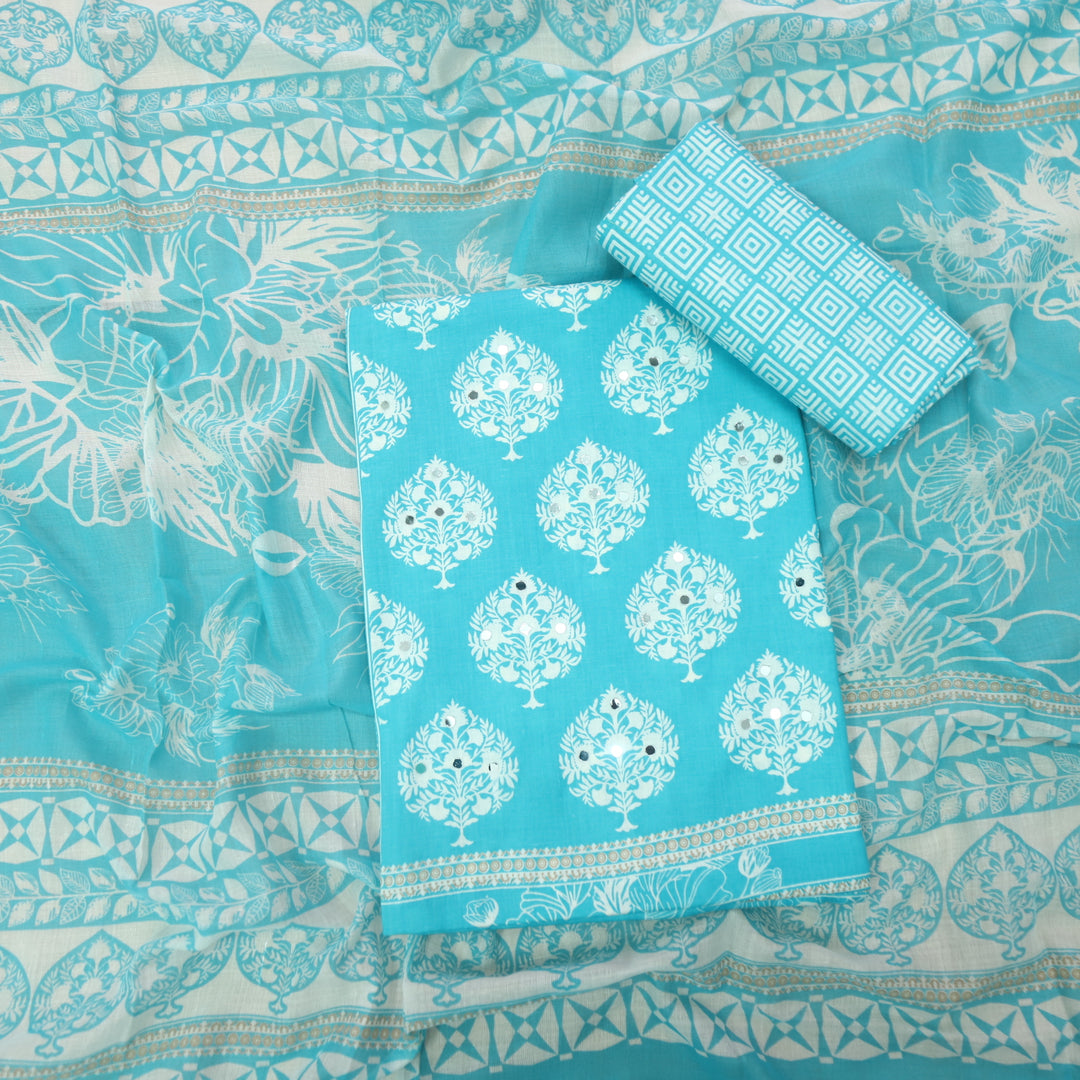 Farheen Light Sky Blue Floral Printed with Mirror Work Cotton Suit Set