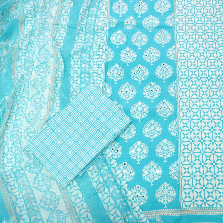 Farheen Light Sky Blue Floral Printed with Mirror Work Cotton Suit Set