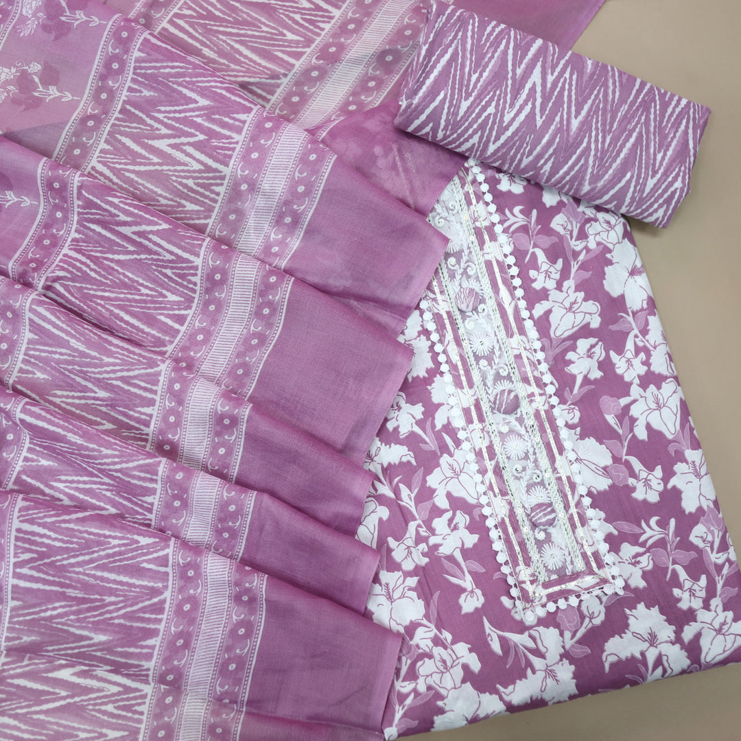 Farheen Berry Purple Lace Patch Neck with Button Work Floral Printed Cotton Set