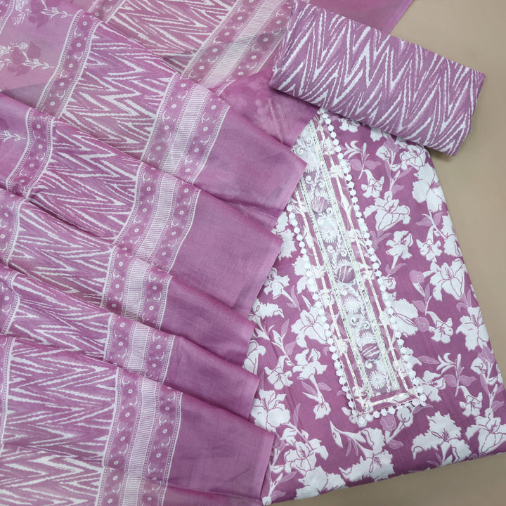 Farheen Berry Purple Lace Patch Neck with Button Work Floral Printed Cotton Set