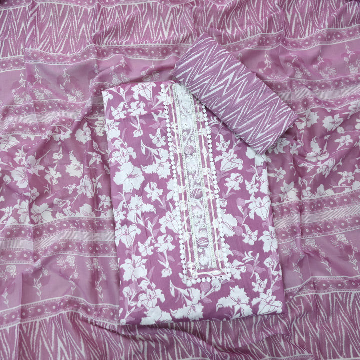 Farheen Berry Purple Lace Patch Neck with Button Work Floral Printed Cotton Set