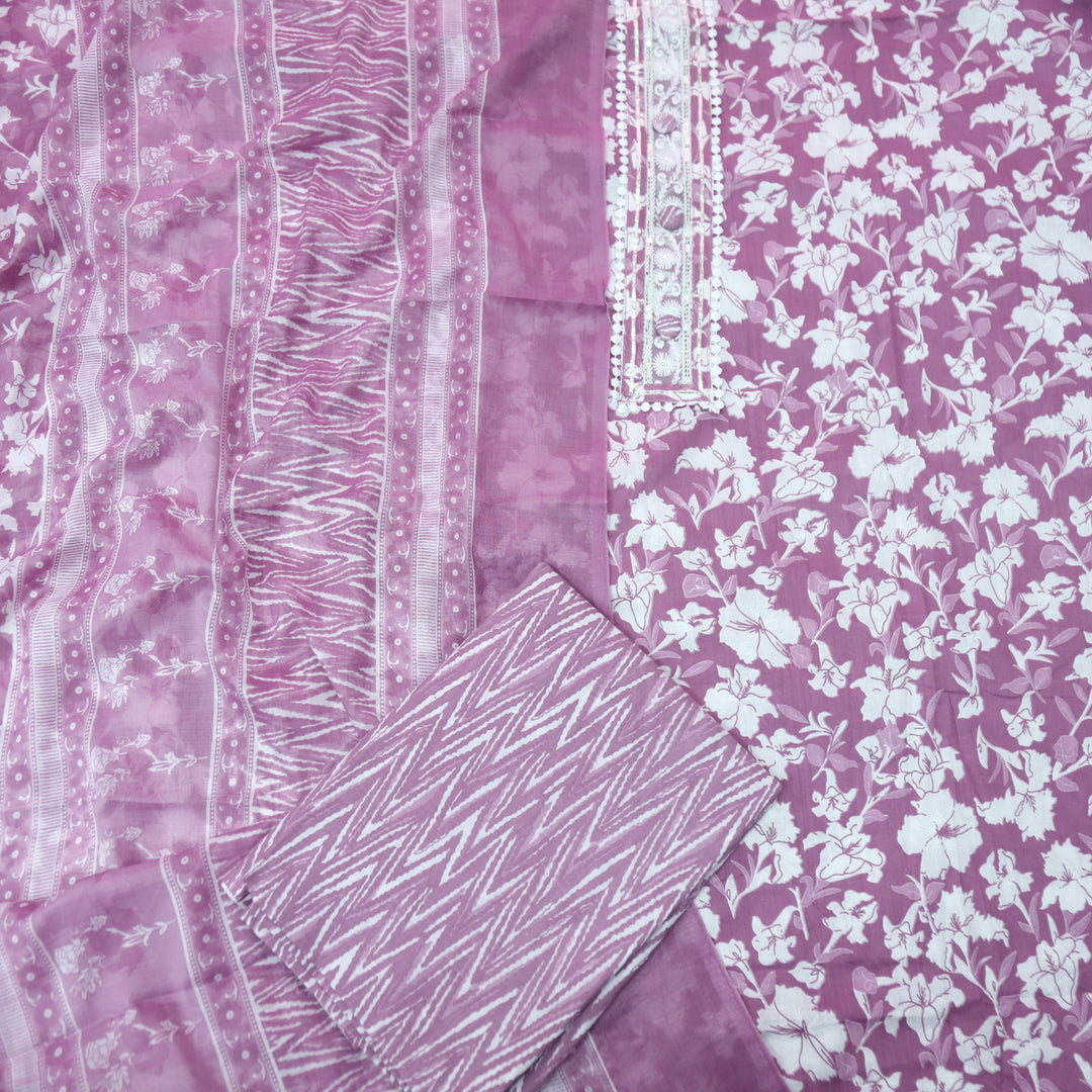 Farheen Berry Purple Lace Patch Neck with Button Work Floral Printed Cotton Set