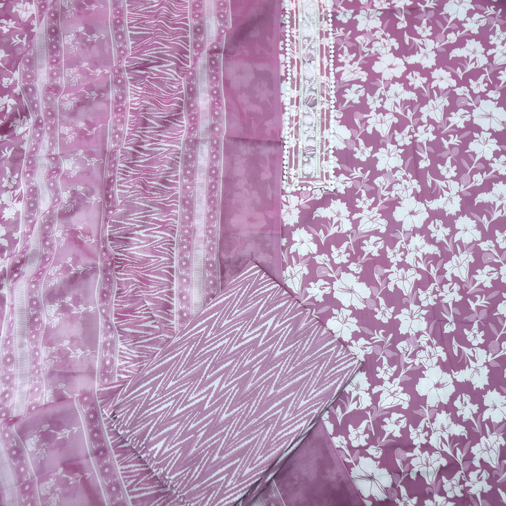 Farheen Berry Purple Lace Patch Neck with Button Work Floral Printed Cotton Set