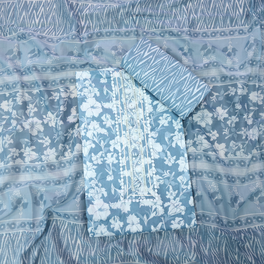 Farheen Slate Grey Lace Patch Neck with Button Work Floral Printed Cotton Set