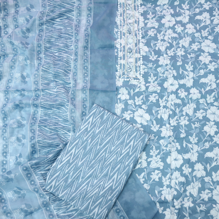 Farheen Slate Grey Lace Patch Neck with Button Work Floral Printed Cotton Set