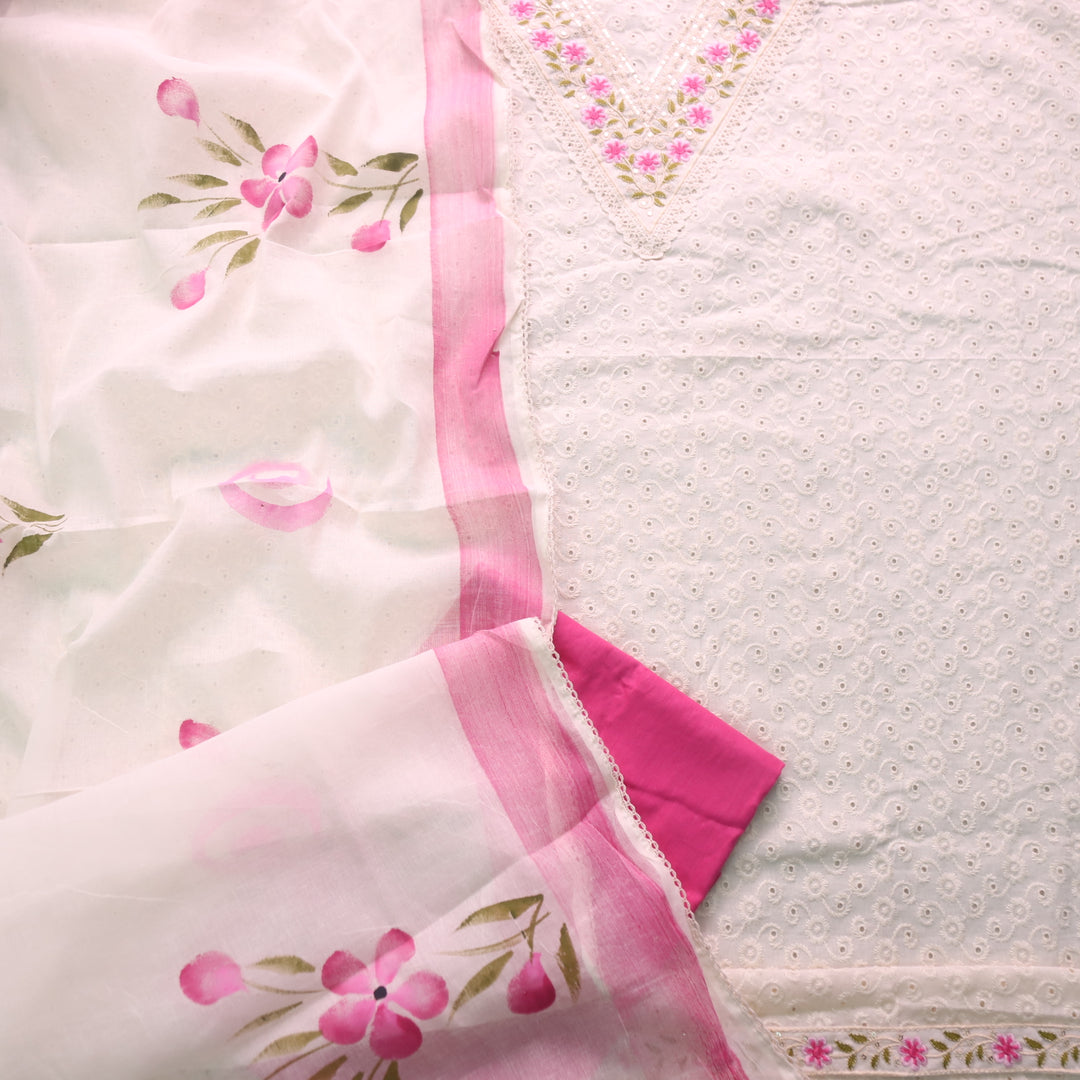 Diwani Cream Beige with Pink Thread Embroidery Work Cotton Schiffli Suit Set