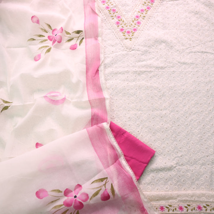Diwani Cream Beige with Pink Thread Embroidery Work Cotton Schiffli Suit Set