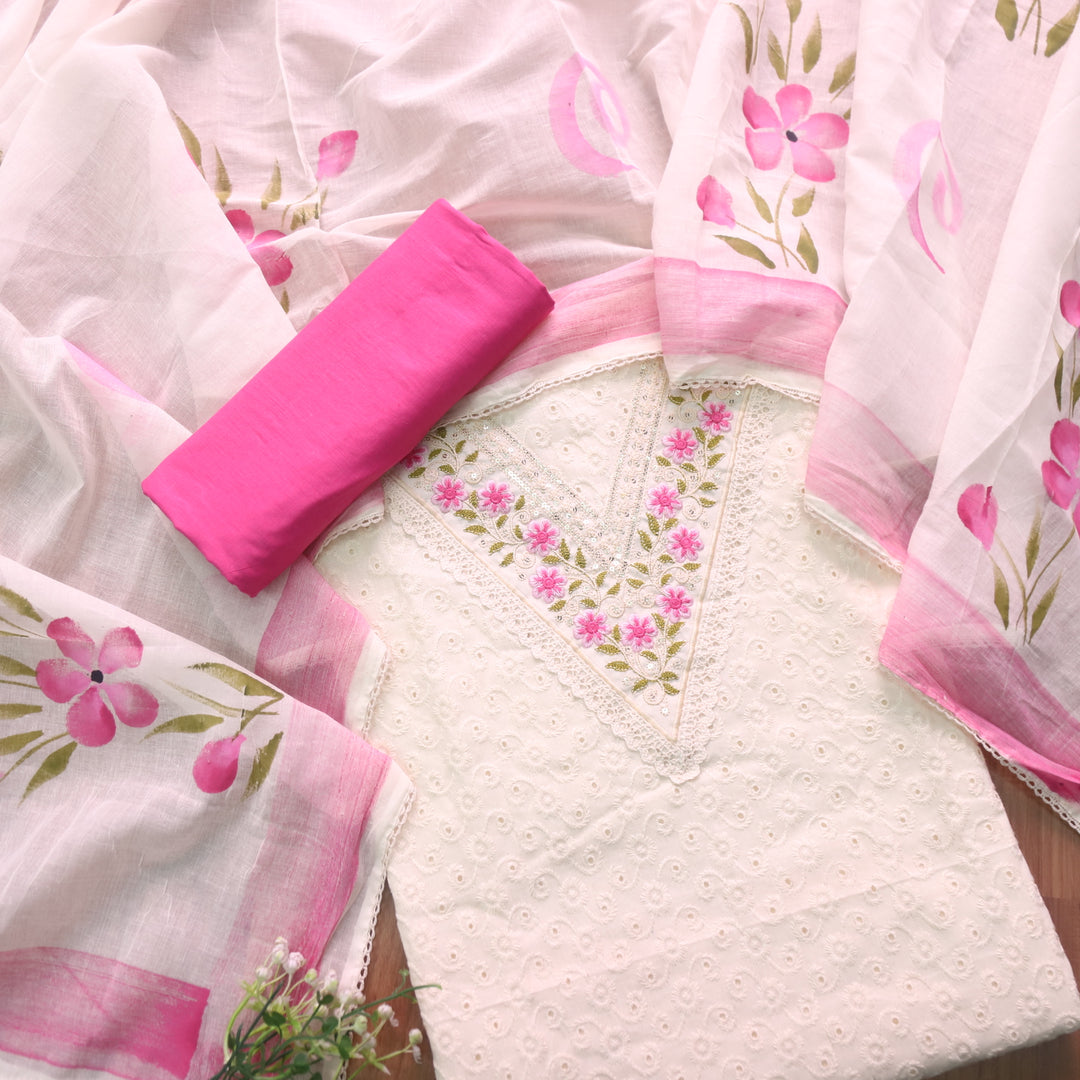 Diwani Cream Beige with Pink Thread Embroidery Work Cotton Schiffli Suit Set