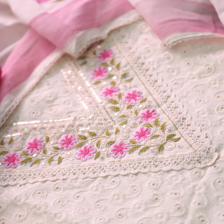Diwani Cream Beige with Pink Thread Embroidery Work Cotton Schiffli Suit Set