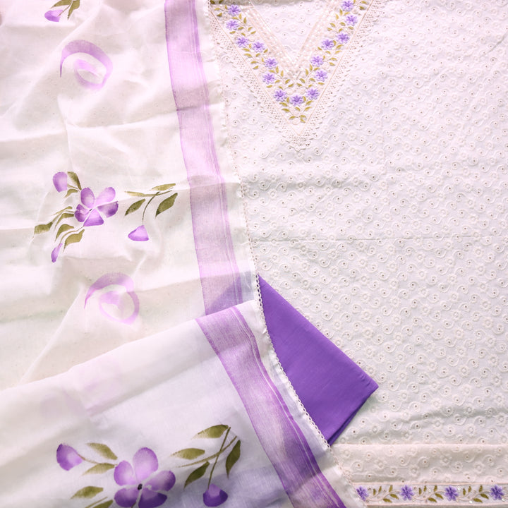 Diwani Cream Beige with Purple Thread Embroidery Work Cotton Schiffli Suit Set